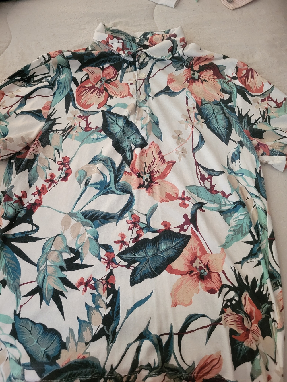Express White Short-Sleeve Polo with Teal and Coral Floral Print